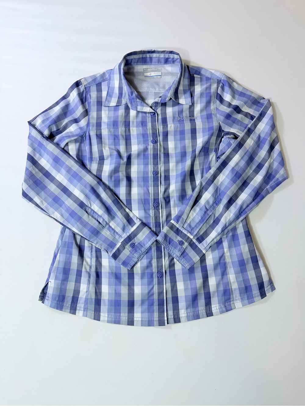 Columbia Omni-Shade Plaid Hiking Shirt Women M Blue Purple Long Sleeve Gorpcore